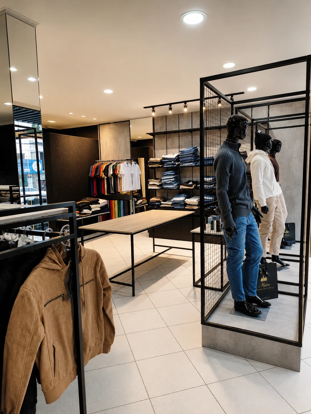 Manequins com looks masculinos completos na vitrine
